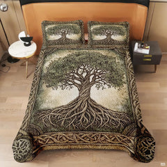 Corner angle of rustic bedding highlighting intricate stone-carved knotwork printing and rich parchment textures