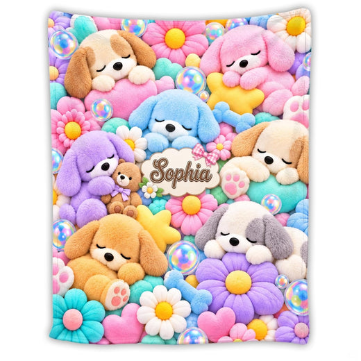 Sleeping pastel puppies resting among colorful daisy flowers and bubbles, view 1.