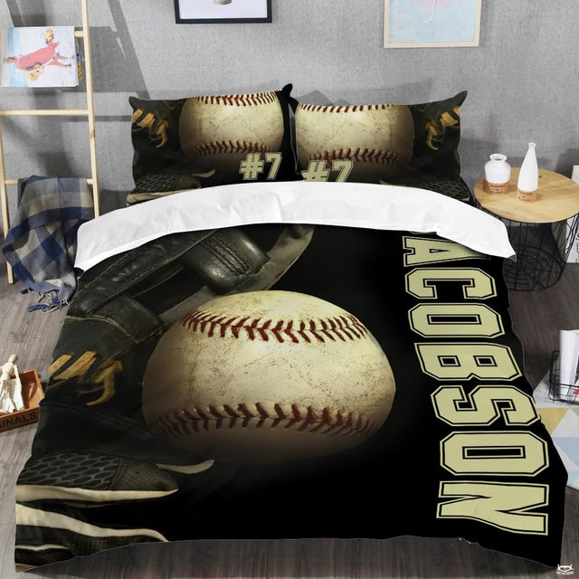 Close-up view of baseball bedding highlighting detailed red curved laces, ball panels, and typography