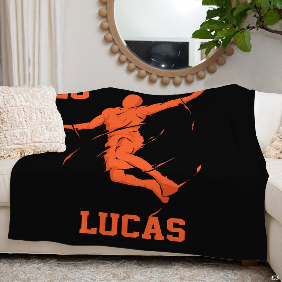 thematic accent-contrast orange court action illustration on black bedding set centerpiece.