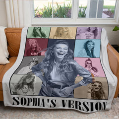 Pop music eras tour photo collage graphic blanket showing pastel portrait tiles and album typography view 4