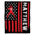Baseball batter American flag throw blanket featuring red hitter silhouette and bat graphic on distressed flag