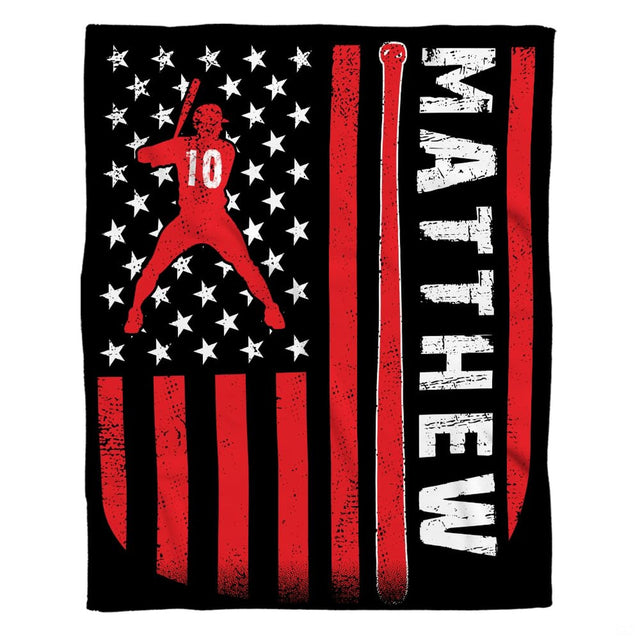 Baseball batter American flag throw blanket featuring red hitter silhouette and bat graphic on distressed flag