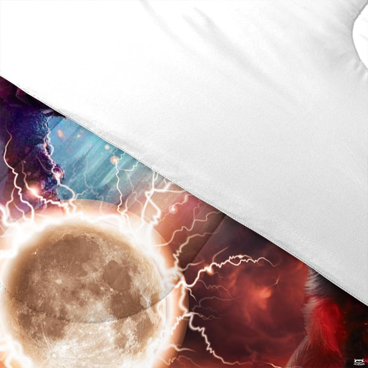 Detail of glowing moon, white lightning, red clouds, and white reverse