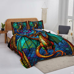 Colorful stained glass dragon artwork displayed in a bright bedroom