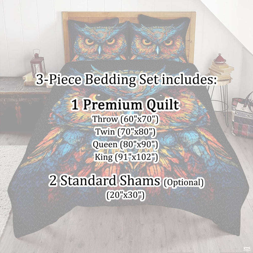 Full bedroom display of blue owl bedding styled with natural timber and nocturnal woodland accents