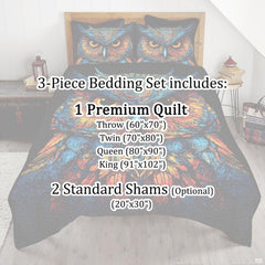 Full bedroom display of blue owl bedding styled with natural timber and nocturnal woodland accents