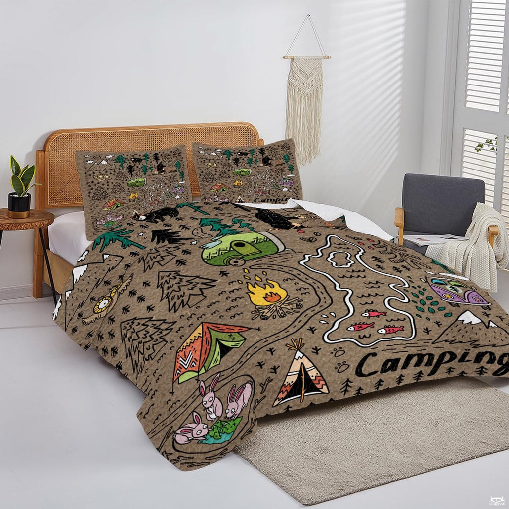 Rustic cabin bedroom decor styling featuring an illustrated campsite adventure map bedding set