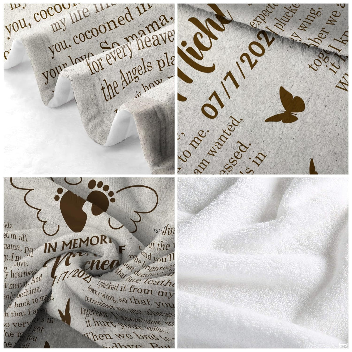 Four-panel macro detail collage showing print typography and plush backing.