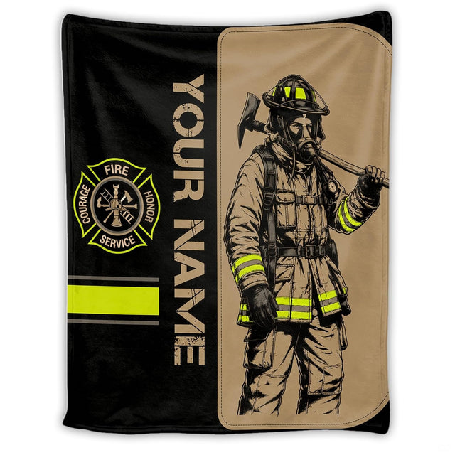 Firefighter in turnout gear holding axe with Maltese cross badge graphic display on Blanket.