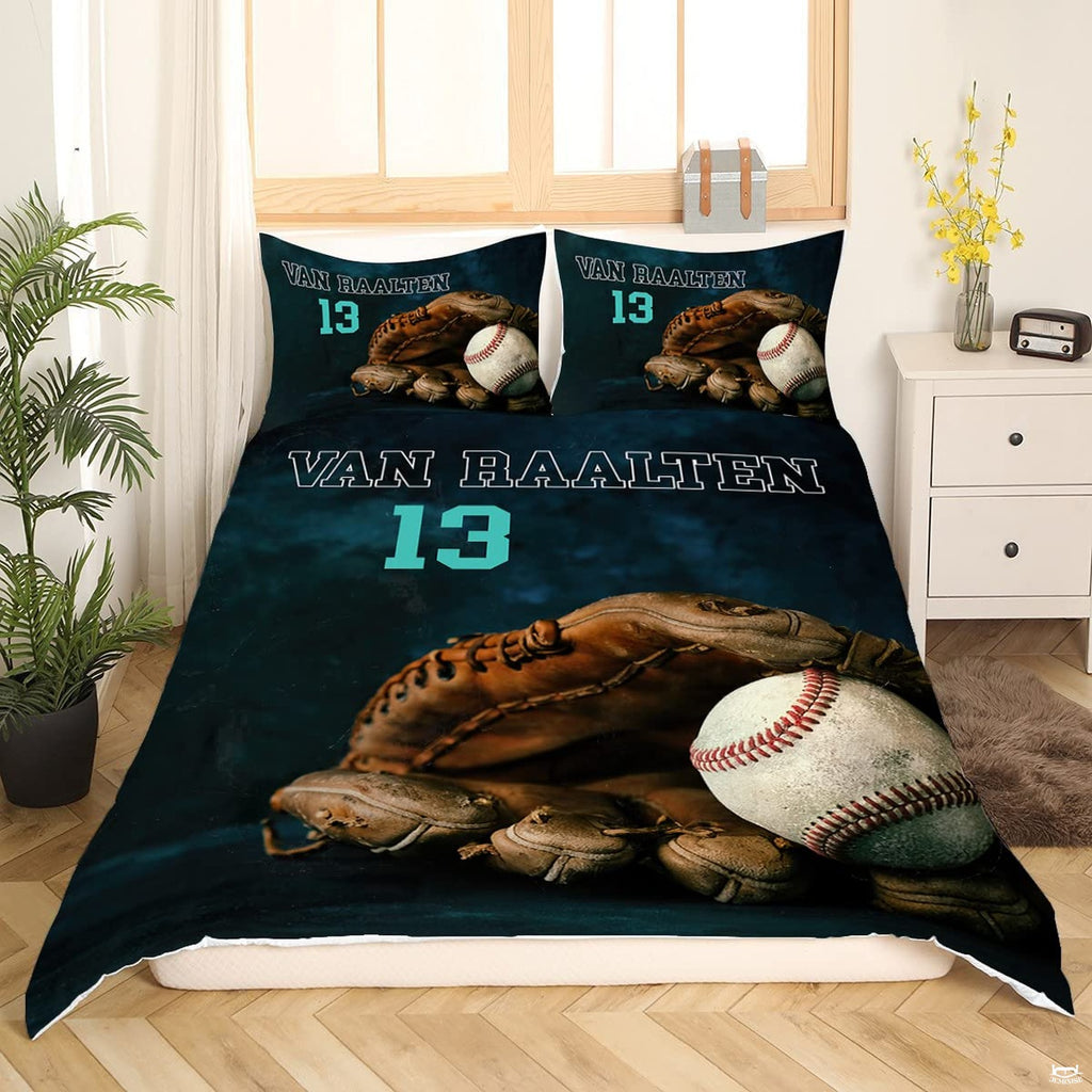 Side view of baseball sports bedding set creating an energetic varsity mood in a teen bedroom