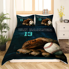 Side view of baseball sports bedding set creating an energetic varsity mood in a teen bedroom