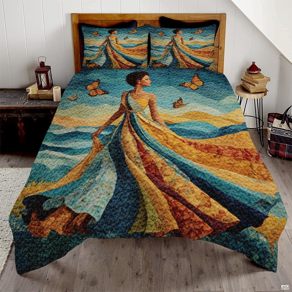 Woman in multicolored gown with orange butterflies and layered blue gold bands