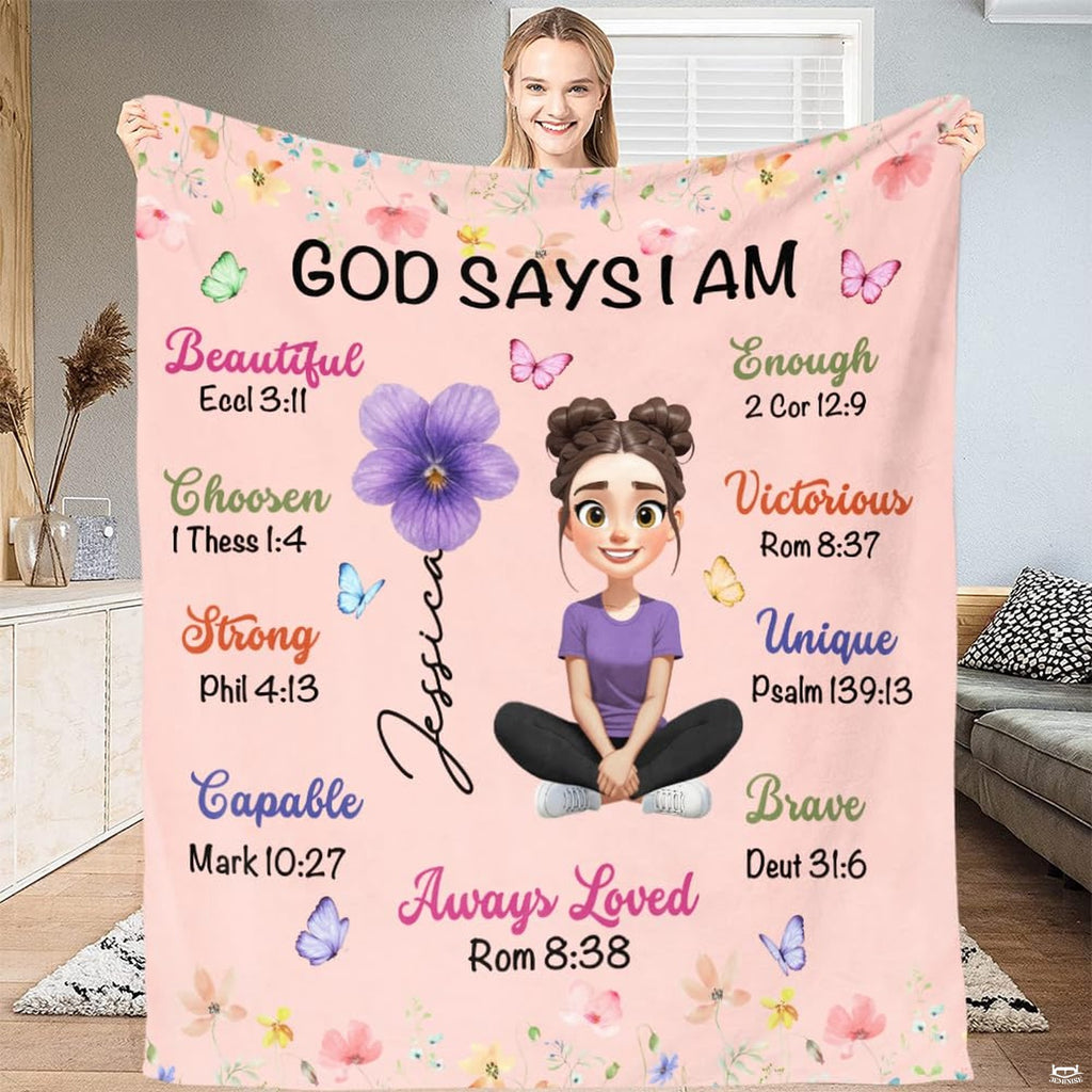 God Says I Am scripture affirmations girl blanket with butterflies
