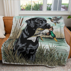 Overhead presentation of black lab duck hunting bedding showing retriever, lakeside cattails, and calm mint water hues.