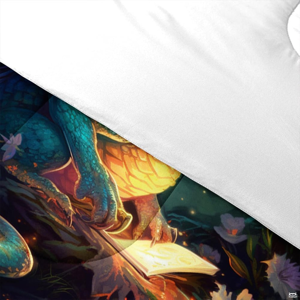 High-angle view of mythical dragon galaxy bedding showing rich jade, seafoam, and gold tones across bed.
