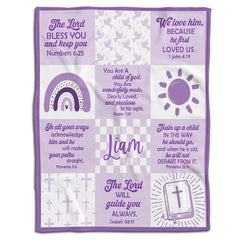 Lavender Christian scripture patchwork throw blanket with rainbow and bible verse blocks