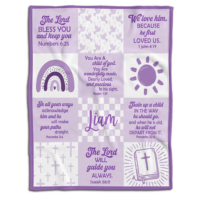 Lavender Christian scripture patchwork throw blanket with rainbow and bible verse blocks