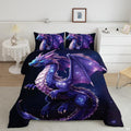 Mystic purple dragon galaxy bedding set showing a mythical winged beast soaring through deep violet cosmic nebulae.