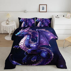 Mystic purple dragon galaxy bedding set showing a mythical winged beast soaring through deep violet cosmic nebulae.