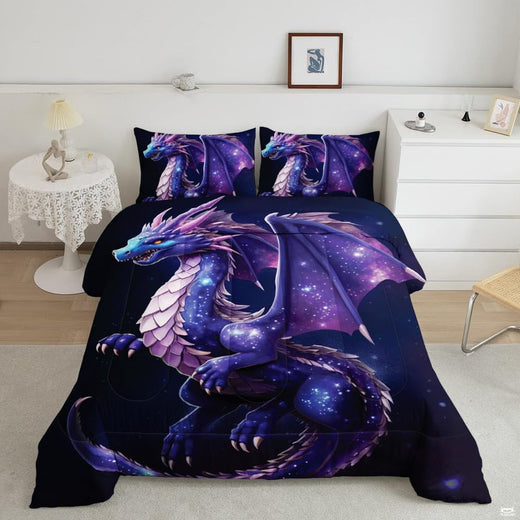 Mystic purple dragon galaxy bedding set showing a mythical winged beast soaring through deep violet cosmic nebulae.