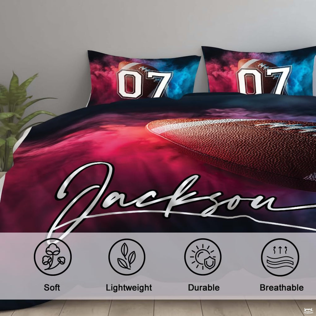 Atmospheric bedroom presentation highlighting a colorful smoke sports bedding set