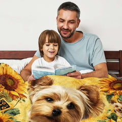 Yorkshire Terrier golden sunflowers throw blanket styled over a contemporary living room sofa