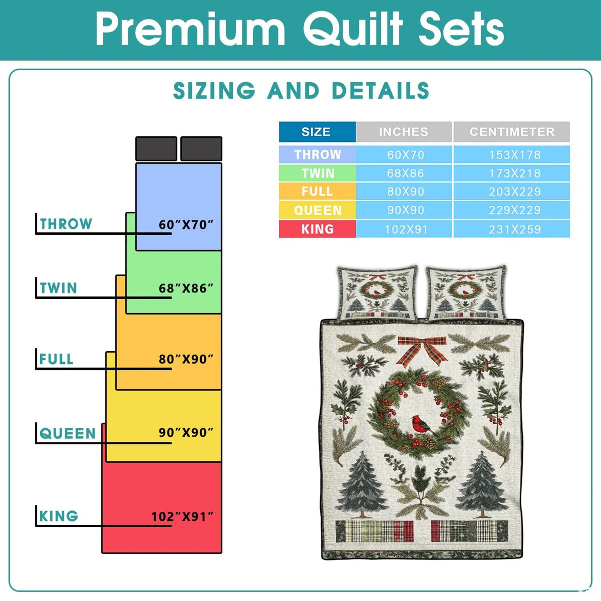 Overhead perspective of winter bedding arranged neatly across a holiday guest room mattress