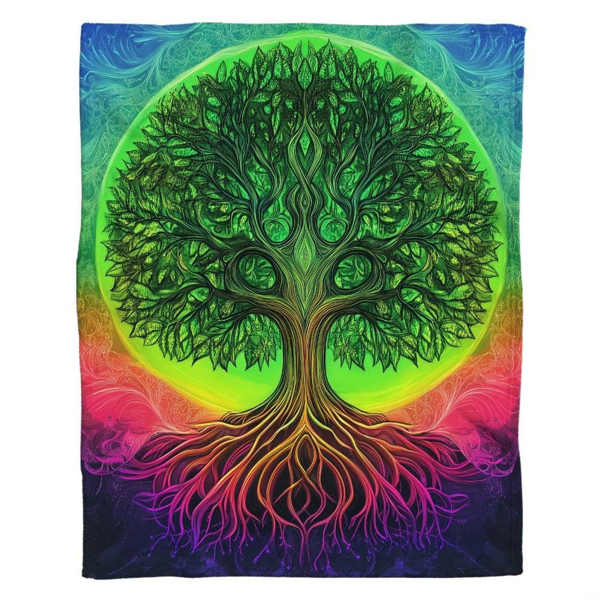 Woman holding open neon green Tree of Life throw blanket highlighting vibrant aurora background