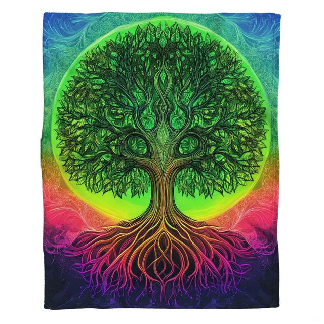 Woman holding open neon green Tree of Life throw blanket highlighting vibrant aurora background