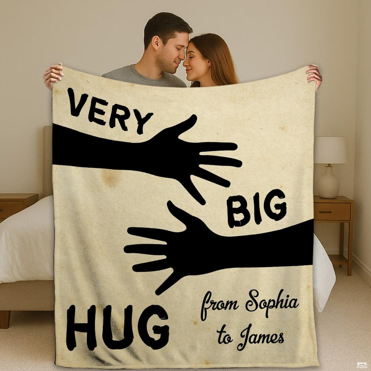Silhouette arms open embrace rustic cream blanket held up by couple