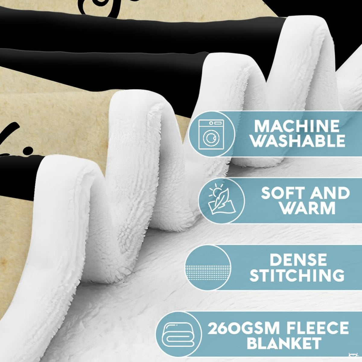 Detailed close perspective of folded cream textile edge and print