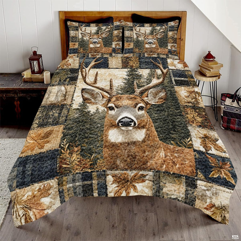 Rustic lodge bedding set showcasing whitetail buck deer artwork in a pine forest setting with plaid accents.