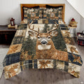 Rustic lodge bedding set showcasing whitetail buck deer artwork in a pine forest setting with plaid accents.