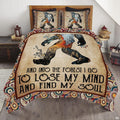 Into the forest Bigfoot bedding set featuring an iconic Sasquatch silhouette and poetic quote lettering on a bed