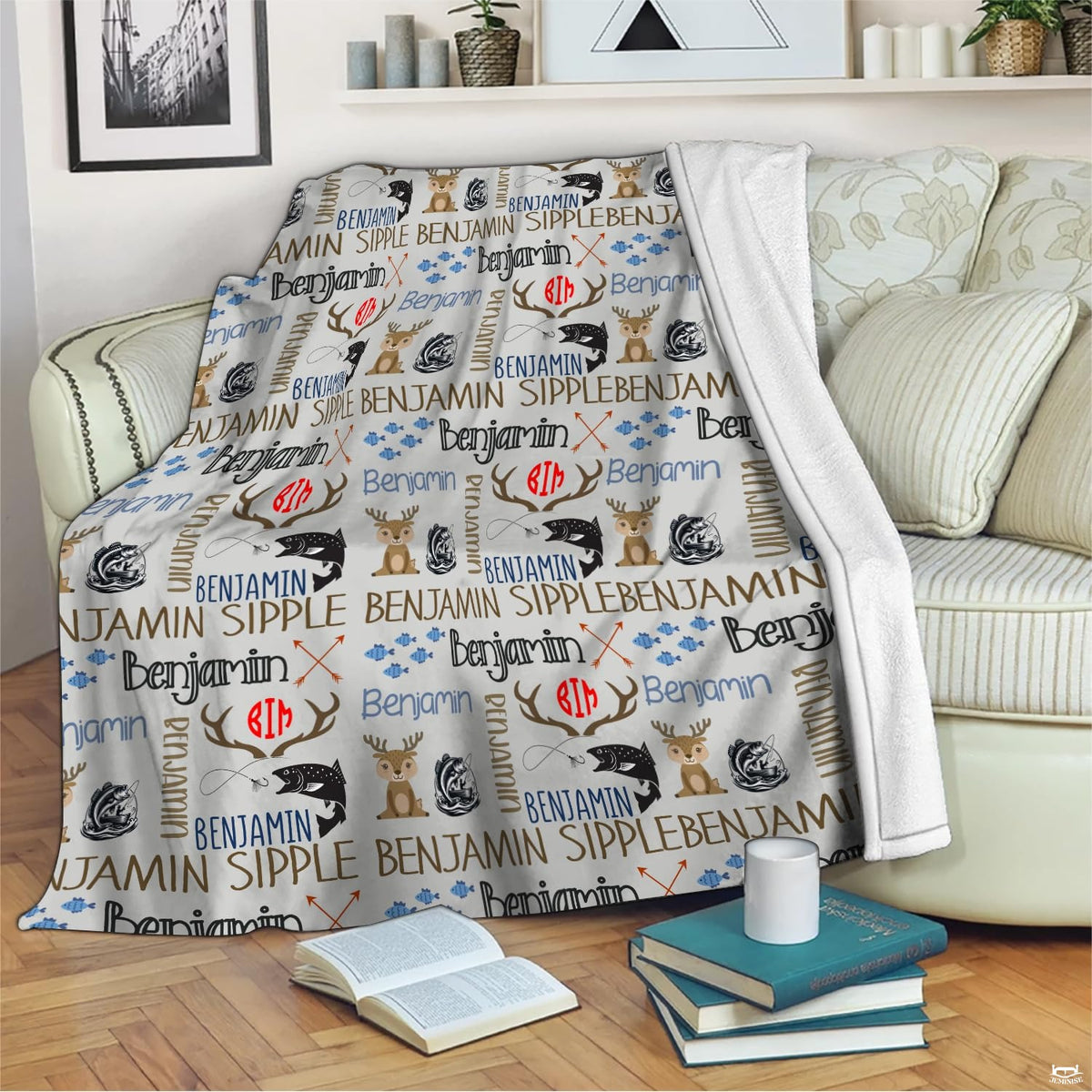 Stylized bedroom interior featuring woodland fawn and fishing lure art motifs for a serene rustic atmosphere.