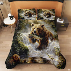 Full bedroom display of golden bear bedding styled with lodge decor and natural pine accents