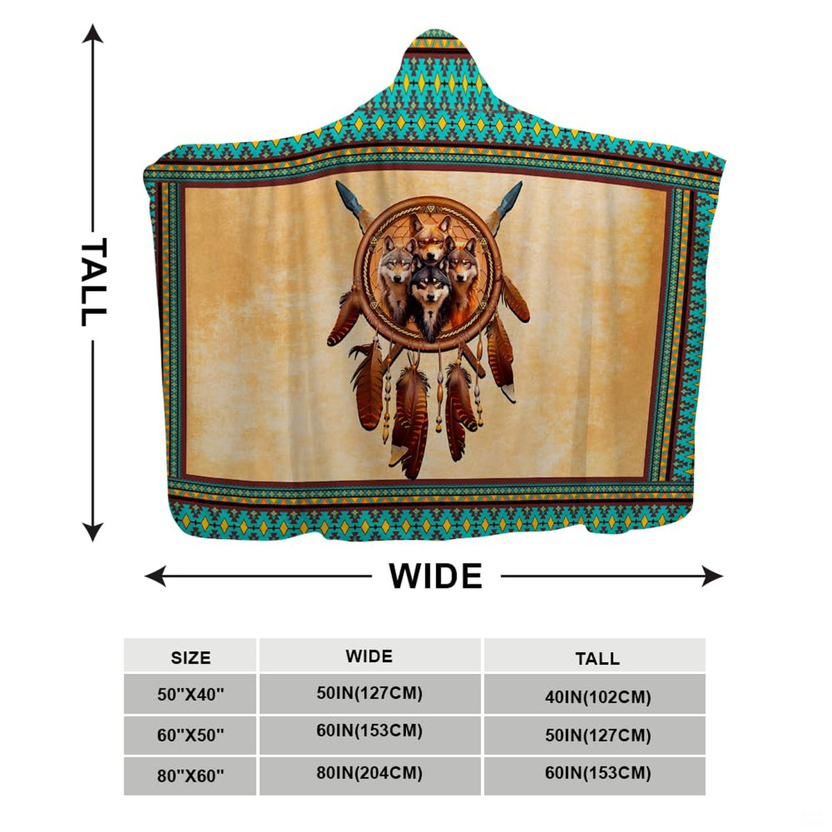 Wolf dreamcatcher throw blanket view 3 highlighting wolf pack portrait, eagle feathers, and tribal patterns
