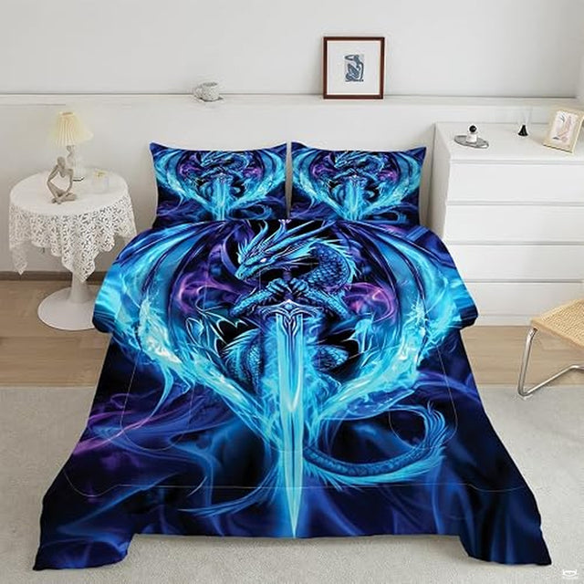 Overhead bedroom view of fantasy bedding featuring electric blue ice dragon coiled around glowing sword.
