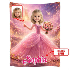 Charming pink princess throw artwork highlighting sparkling rose ball gown and floral scene
