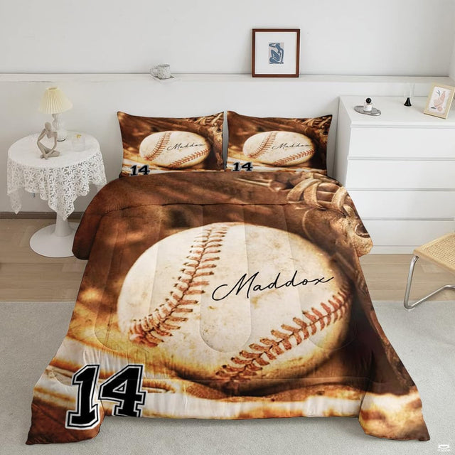 Vintage baseball bedding set visual display featuring antique thematic accent glove artwork in thematic accent sepia tones.