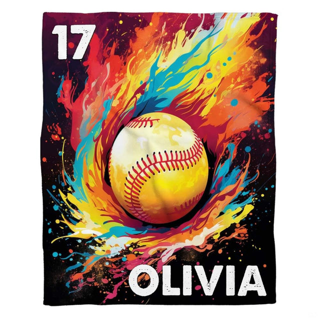 Dynamic sports artwork evoking a softball player throws ball at batter with vibrant cyan and orange sparks.