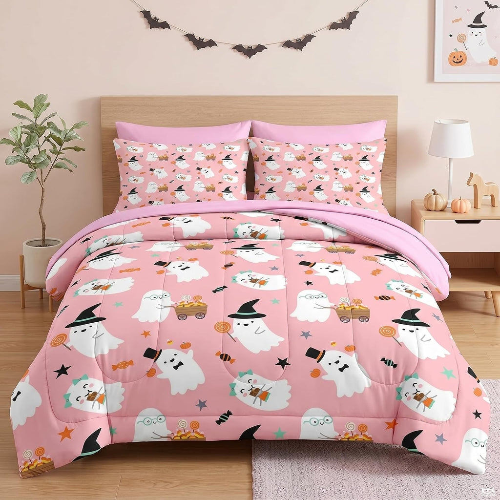 Pamnest Twin Halloween Comforter Set with Sheets, 5 Pieces Pink Bedding
