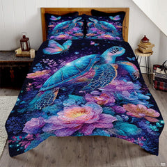 Turtle bedding set illustrating a radiant sea turtle gliding over luminous lotus blossoms in deep indigo water.
