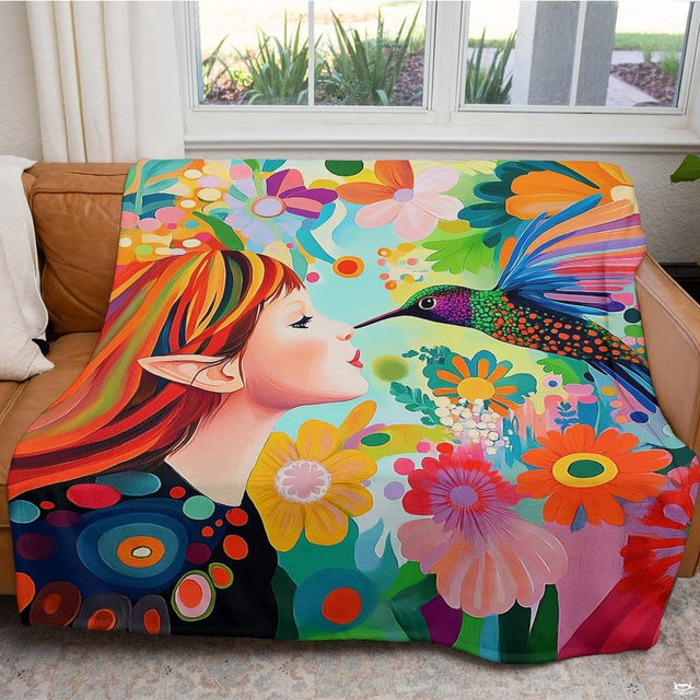 Artistic fairy and hummingbird blanket draped across an indoor living room couch near a window.