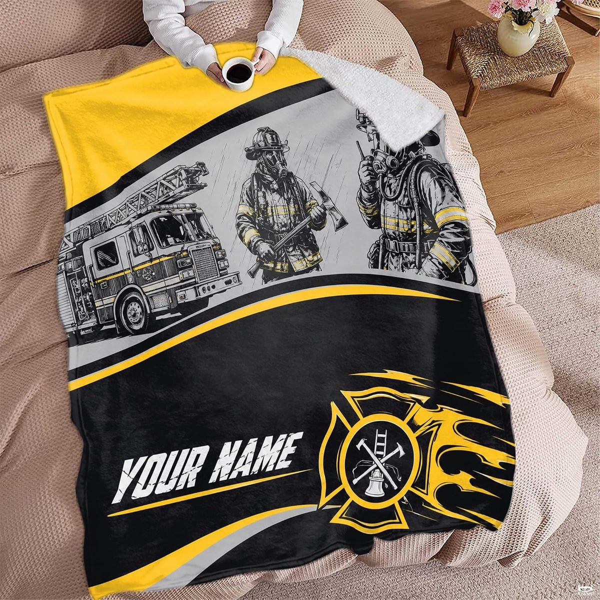 Draped setting showcasing yellow wave ribbons and monochrome sketch contrast on Blanket.