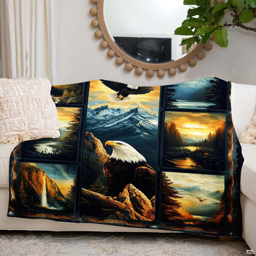 Bald eagle mountain landscape throw blanket view 6 highlighting alpine peaks, waterfalls, and pine trees