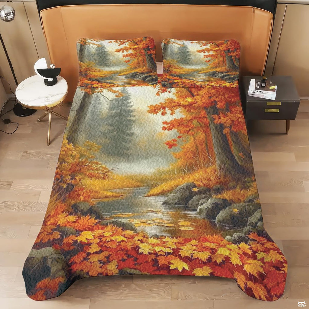 Scenic autumn road bedding set styled in an inviting seasonal guest bedroom atmosphere