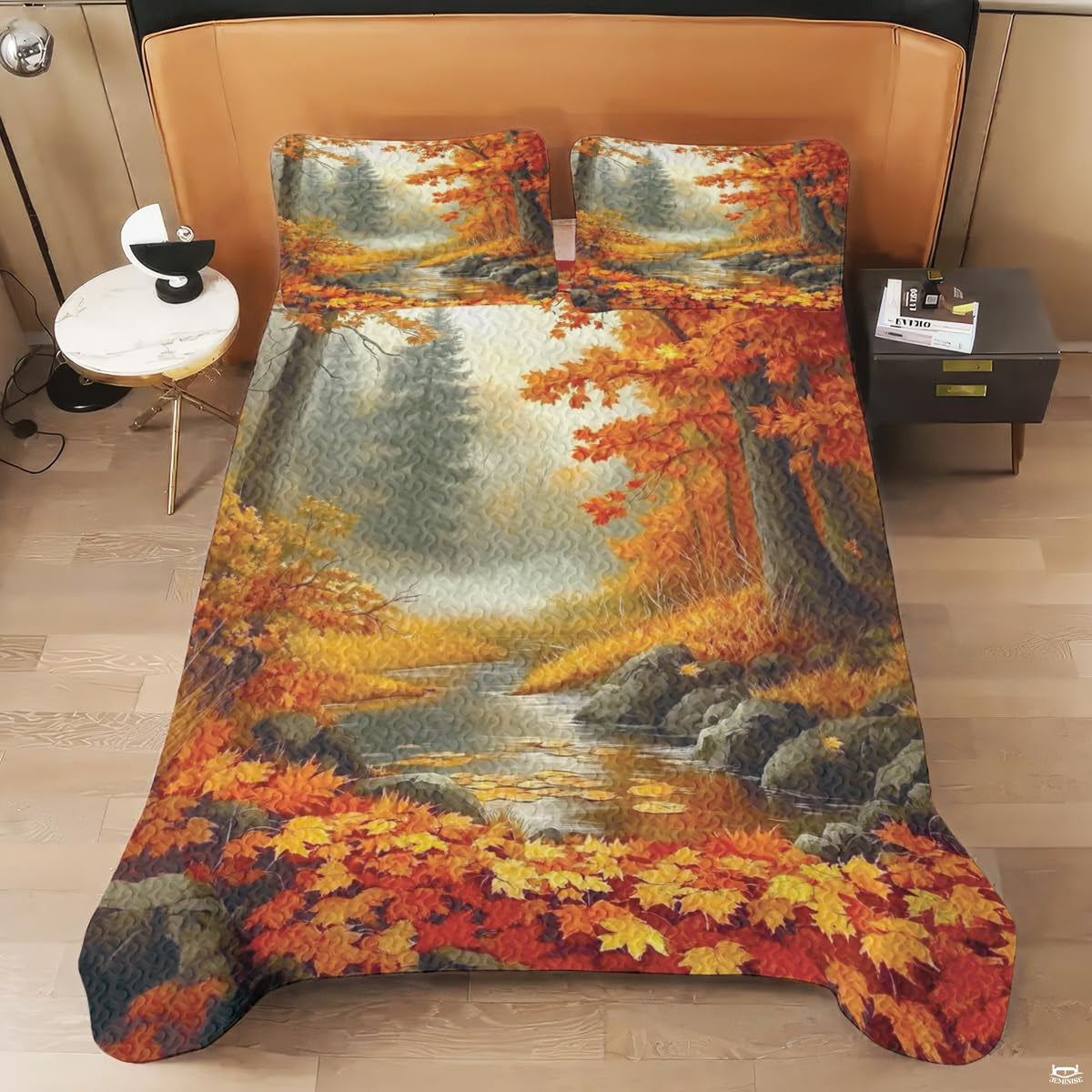 Scenic autumn road bedding set styled in an inviting seasonal guest bedroom atmosphere