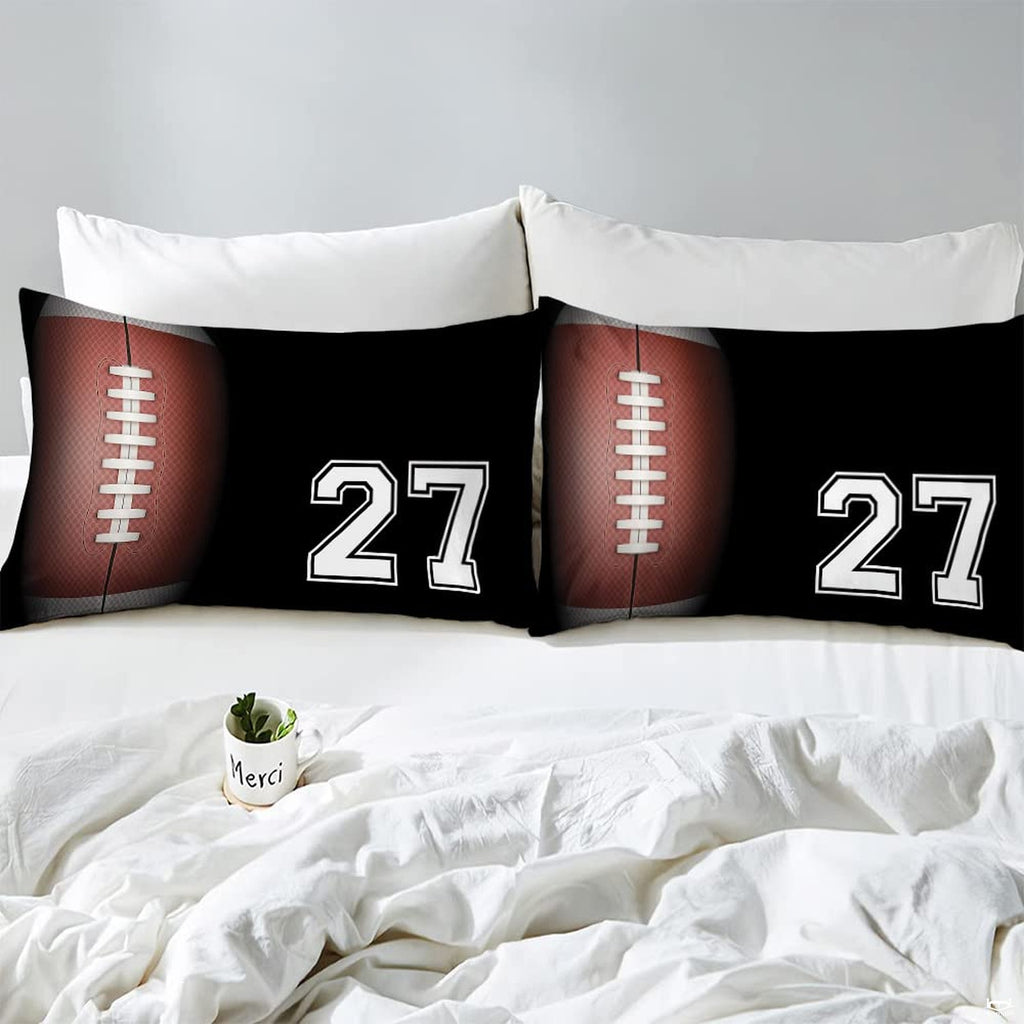 Corner fold view of football bedding highlighting sharp graphic printing on dark background